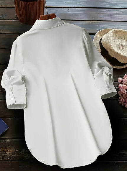 Plus Size Chic Blouse with Flowy Curved Hem - Fashionable Button Front & Classic Collar - Perfect Casual Wear for Spring - Womens Plus Size Clothing