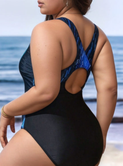 Plus-size One-piece Swimsuit – Printed Patchwork