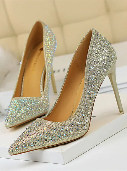 KissICON 9219-22 Gold 10cm / 40 / CHINA Shallow Mouth Pointed Color Rhinestone Pumps Fashion Wedding