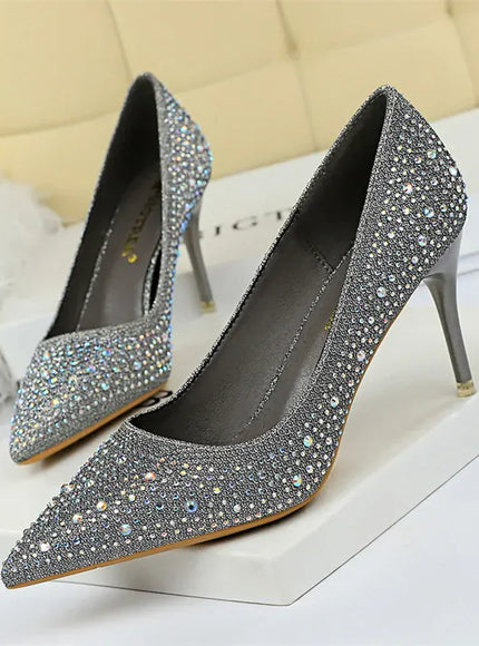 KissICON 9219-22 Gray 7cm / 35 / CHINA Shallow Mouth Pointed Color Rhinestone Pumps Fashion Wedding
