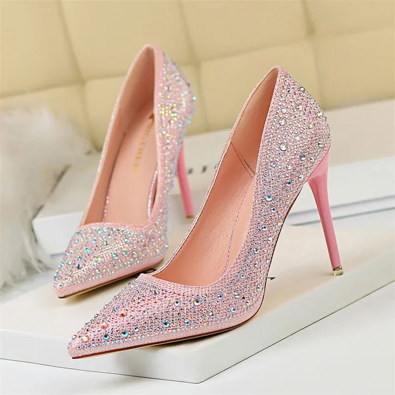 KissICON 9219-22 Pink 10cm / 37 / CHINA Shallow Mouth Pointed Color Rhinestone Pumps Fashion Wedding