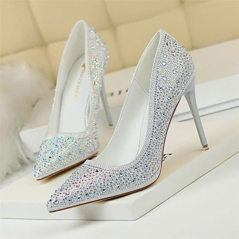 KissICON 9219-22 White 10cm / 35 / CHINA Shallow Mouth Pointed Color Rhinestone Pumps Fashion Wedding
