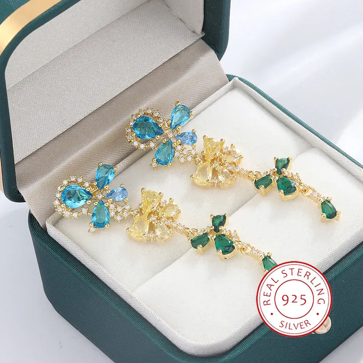 💋 925 Silver Flowers Butterfly Earrings - Crystal Sparkle
