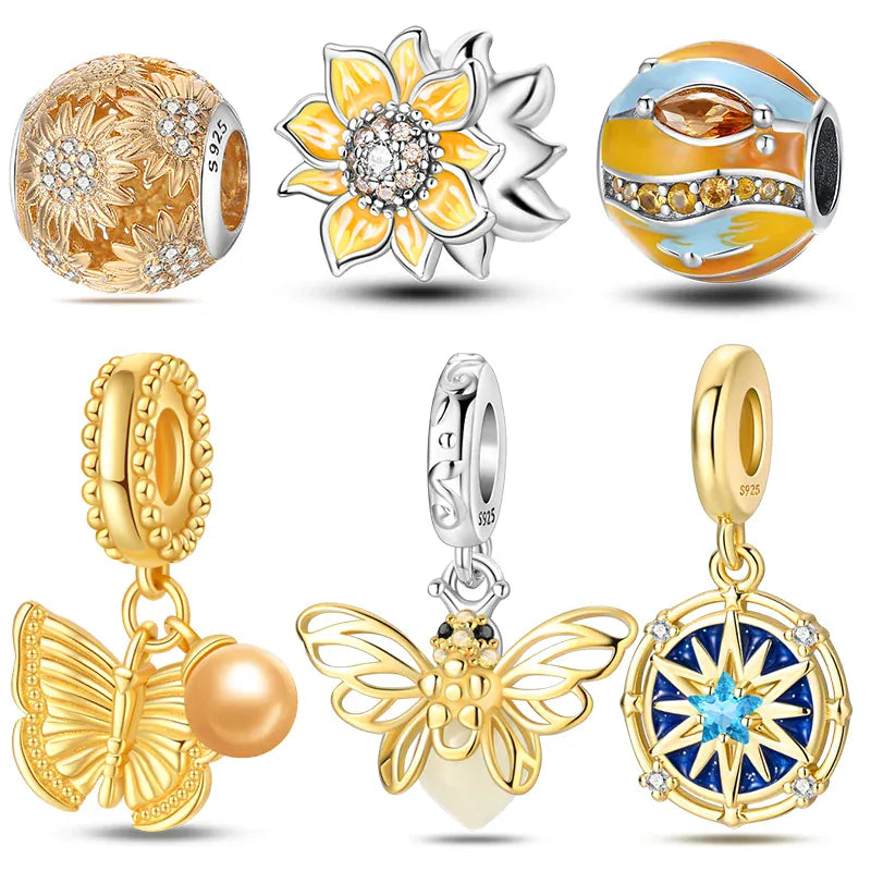 KissICON 925 Silver Gemstone Universe Starry Sky Flower Gold Bead Pendant Suitable For Pan 925 Original Bracelet Diy Jewelry