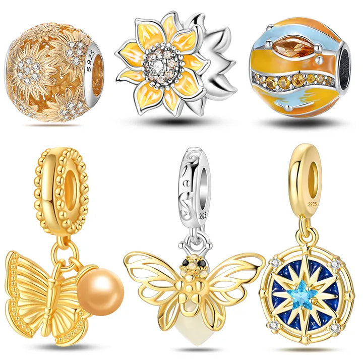 925 Silver Gemstone Universe Starry Sky Flower Gold Bead Pendant Suitable For Pan 925 Original Bracelet Diy Jewelry