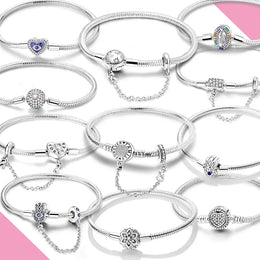 KissICON 925 Silver Original  Snake Chain Clasp Bead Bracelets Fit Charms DIY Jewelry For Women