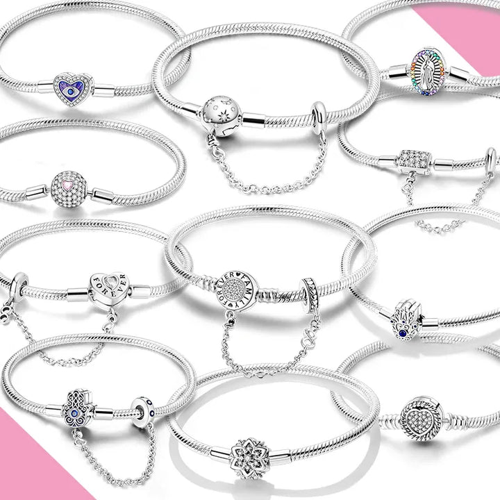925 Silver Original  Snake Chain Clasp Bead Bracelets Fit Charms DIY Jewelry For Women