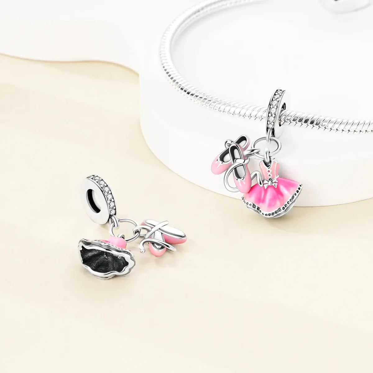 KissICON 925 Silver Pink Ballet Skates Shoes Charms Fit Original Bracelet Necklace DIY Bead For Women Jeweli Make Gift