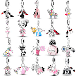 KissICON 925 Silver Pink Ballet Skates Shoes Charms Fit Original Bracelet Necklace DIY Bead For Women Jeweli Make Gift