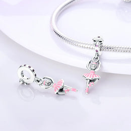 KissICON 925 Silver Pink Ballet Skates Shoes Charms Fit Original Bracelet Necklace DIY Bead For Women Jeweli Make Gift