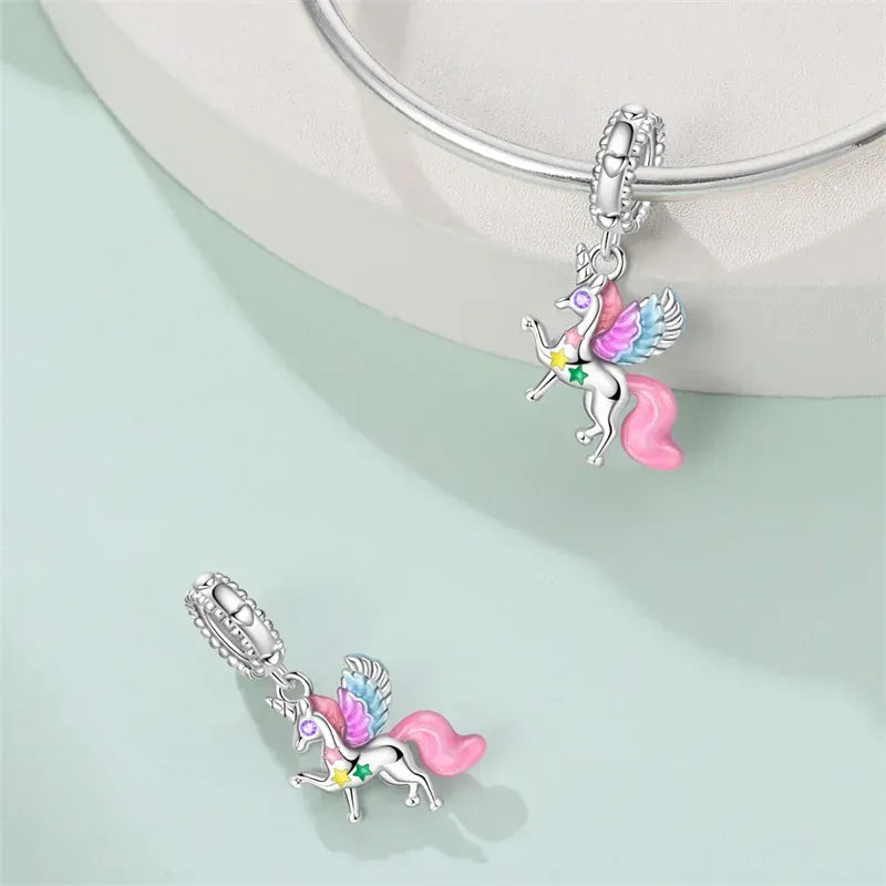 KissICON 925 Silver Plated Magic Mirror Princess Angel Pink Charm Beads Suitable Fit Pan 925 Original Bracelet Exquisite Diy Jewelry