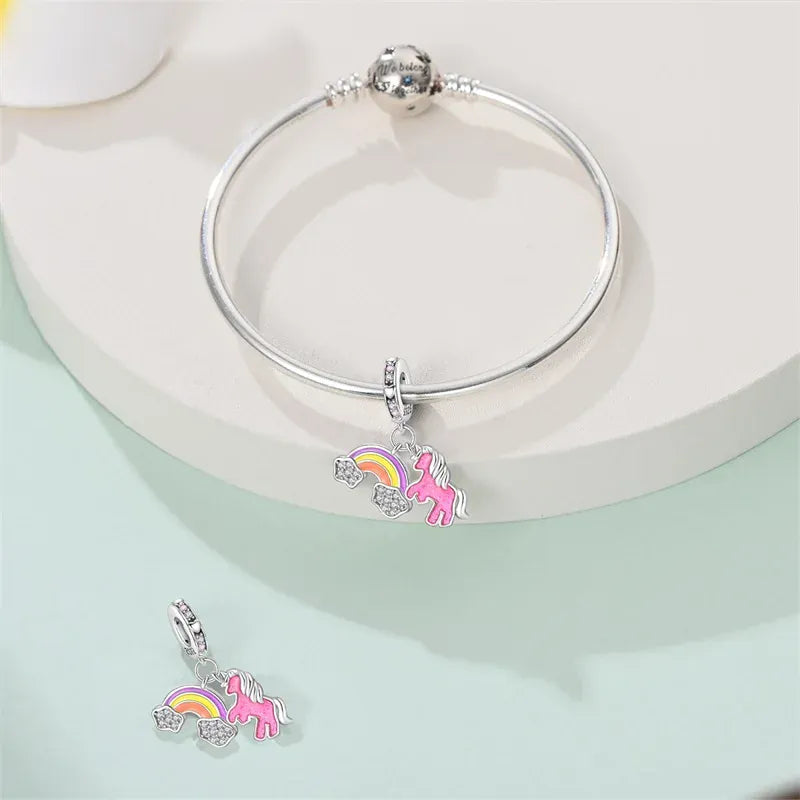 KissICON 925 Silver Plated Magic Mirror Princess Angel Pink Charm Beads Suitable Fit Pan 925 Original Bracelet Exquisite Diy Jewelry