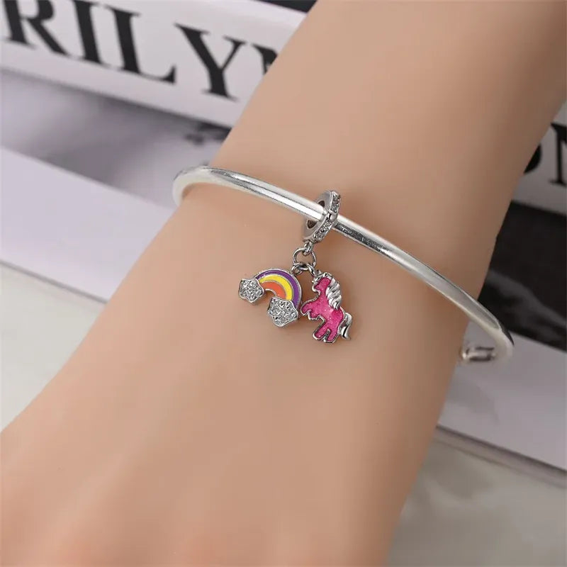KissICON 925 Silver Plated Magic Mirror Princess Angel Pink Charm Beads Suitable Fit Pan 925 Original Bracelet Exquisite Diy Jewelry