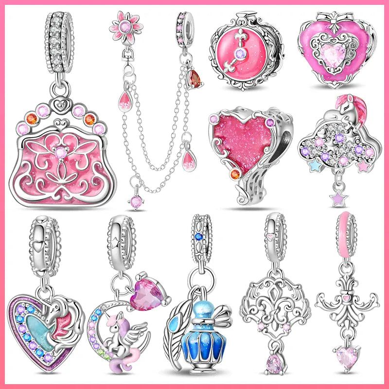KissICON 925 Silver Plated Magic Mirror Princess Angel Pink Charm Beads Suitable Fit Pan 925 Original Bracelet Exquisite Diy Jewelry