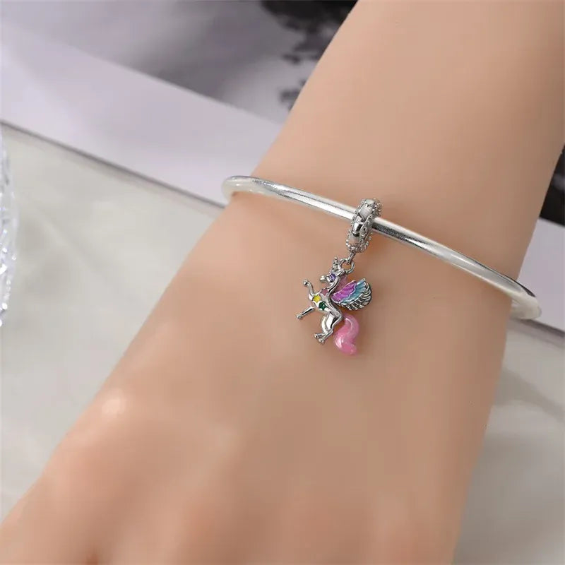 KissICON 925 Silver Plated Magic Mirror Princess Angel Pink Charm Beads Suitable Fit Pan 925 Original Bracelet Exquisite Diy Jewelry