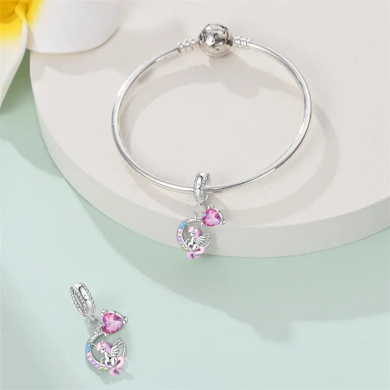 KissICON 925 Silver Plated Magic Mirror Princess Angel Pink Charm Beads Suitable Fit Pan 925 Original Bracelet Exquisite Diy Jewelry