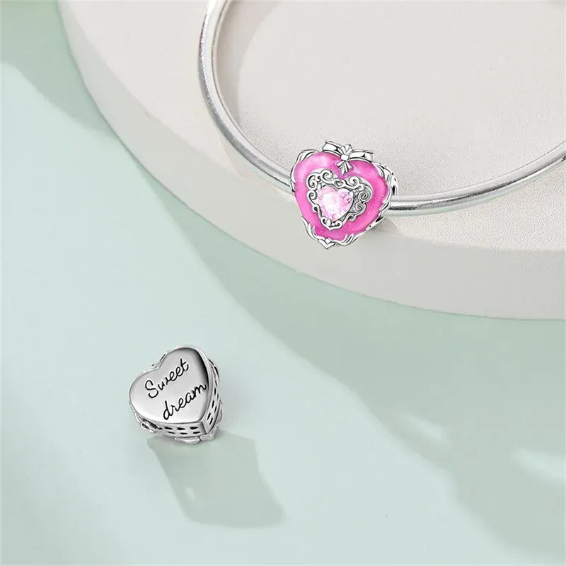KissICON 925 Silver Plated Magic Mirror Princess Angel Pink Charm Beads Suitable Fit Pan 925 Original Bracelet Exquisite Diy Jewelry