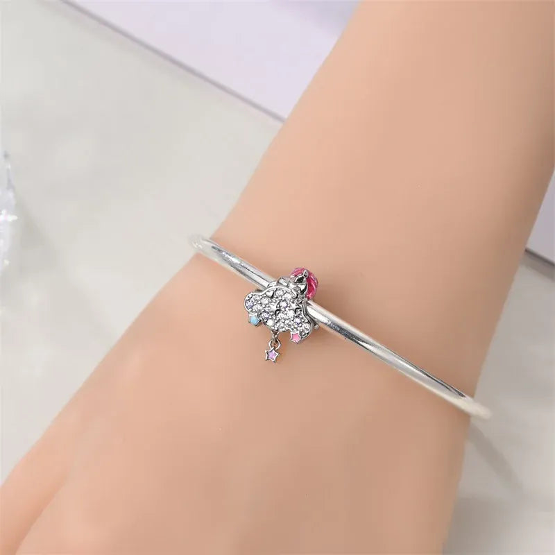 KissICON 925 Silver Plated Magic Mirror Princess Angel Pink Charm Beads Suitable Fit Pan 925 Original Bracelet Exquisite Diy Jewelry