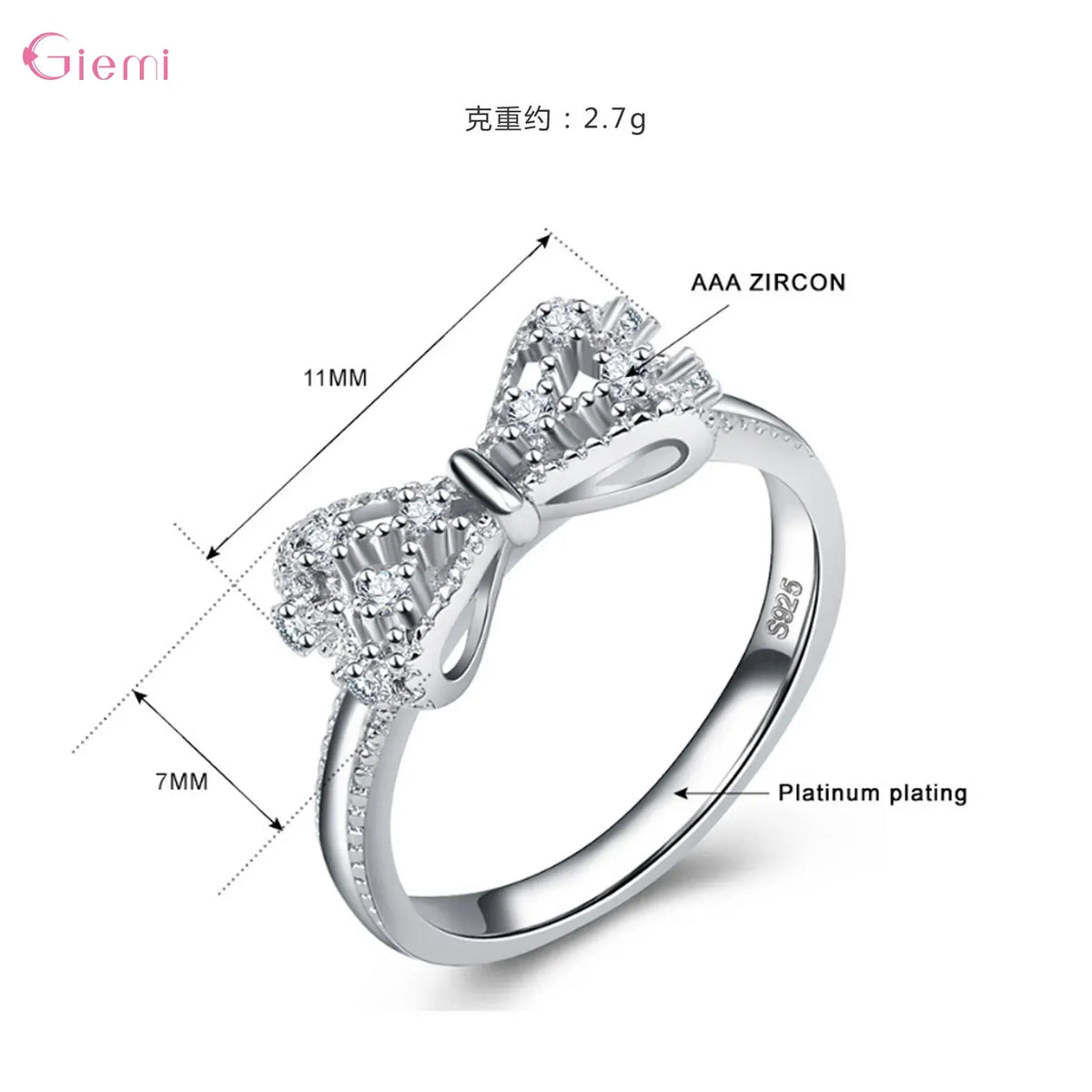 KissICON 925 Sterling Silver Bowknot Bow Knot Cubic Zirconia Rhinestone Rings For Women Fashion Trendy Wedding Engagement Jewelry