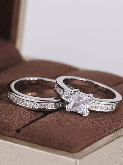 KissICON 925 Sterling Silver Double Row Zircon Micro Inlaid Style Wedding Diamond Ring Set Ring Zircon For Couple Ring