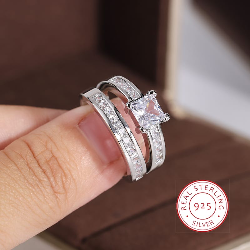 KissICON 925 Sterling Silver Double Row Zircon Micro Inlaid Style Wedding Diamond Ring Set Ring Zircon For Couple Ring