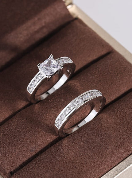 KissICON 925 Sterling Silver Double Row Zircon Micro Inlaid Style Wedding Diamond Ring Set Ring Zircon For Couple Ring