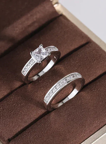 KissICON 925 Sterling Silver Double Row Zircon Micro Inlaid Style Wedding Diamond Ring Set Ring Zircon For Couple Ring
