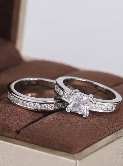 KissICON 925 Sterling Silver Double Row Zircon Micro Inlaid Style Wedding Diamond Ring Set Ring Zircon For Couple Ring
