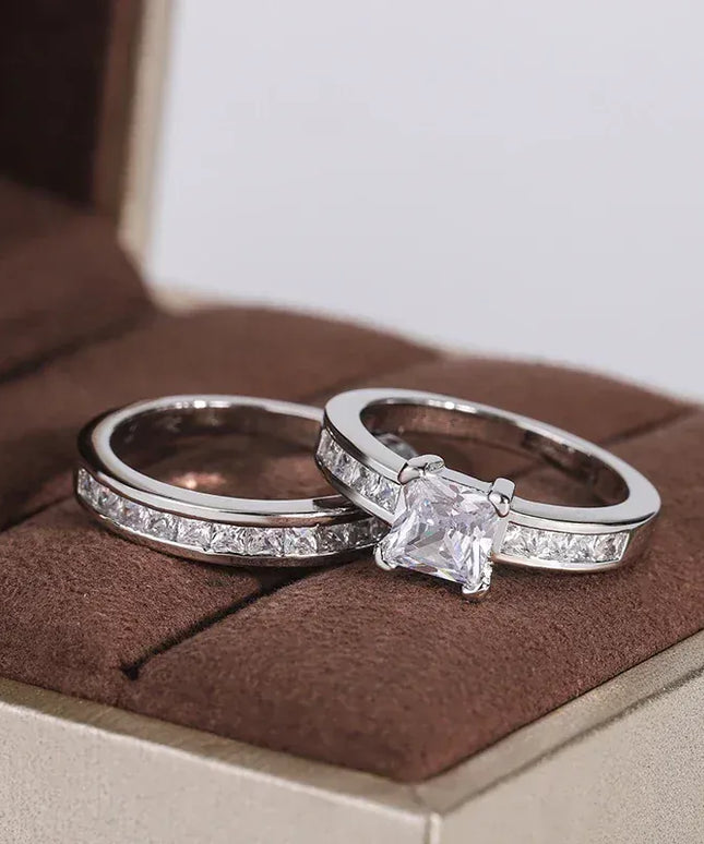 KissICON 925 Sterling Silver Double Row Zircon Micro Inlaid Style Wedding Diamond Ring Set Ring Zircon For Couple Ring