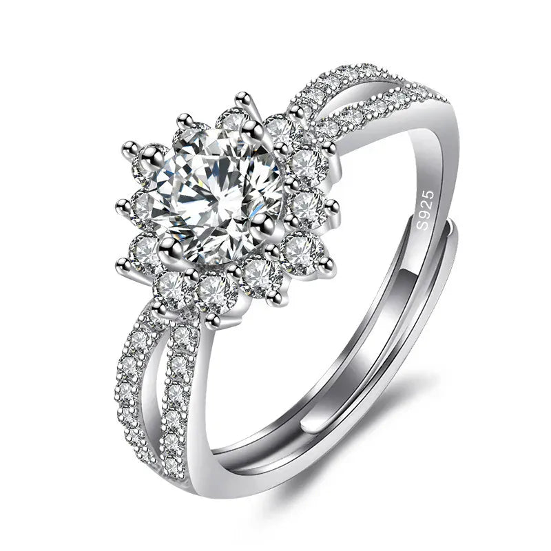 KissICON 925 Sterling Silver / resizable 925 Sterling Silver Women's Diamond Ring Full Diamond Four-Prong Ring INS Style Engagement Gift Jewelry