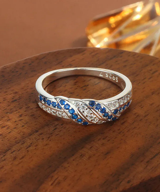 KissICON 925 Sterling Silver Women's Ring with Blue AAAA Zircon, Elegant Hollow-Out Jewelry, Adjustable Band, Gift for Her