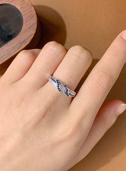 KissICON 925 Sterling Silver Women's Ring with Blue AAAA Zircon, Elegant Hollow-Out Jewelry, Adjustable Band, Gift for Her