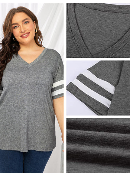 Plus Size Women's V-Neck Short Sleeve T-Shirt - Lightweight Stretchy Summer Tee with Random Print, Loose Casual Fit, Machine Washable, Sizes XL-5XL for Everyday & Office Wear, Versatile Clothing, Striped Print Shirt, Soft Fab