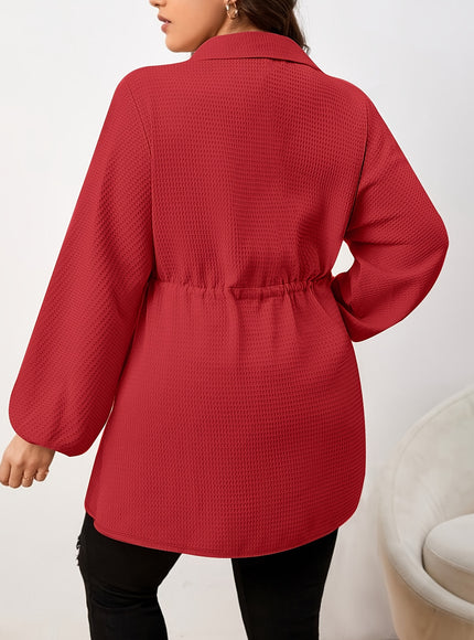 Plus Size - Plus Size, Women'S Elegant Long Sleeve Blouse - Button-Front Shirt with Drawstring Waist, Non-See-Through Fabric for Fall/Winter, Office, Party, Everyday Outfits - Women'S Formal & Casual Tops, Winter Wardrobe, Cl