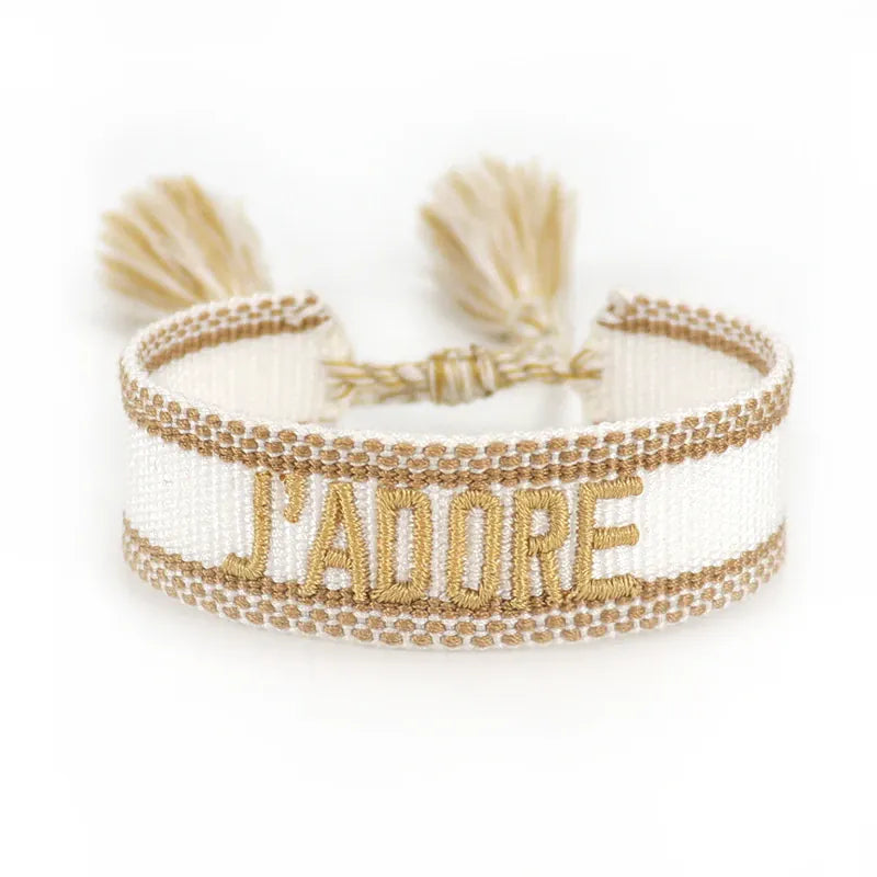 KissICON 93ja Rhinestone Embroidery Woven Bracelets Adjustable Rope Stackable Bangle For Women