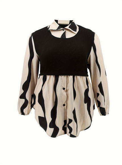 Stylish Plus Size Abstract Striped Blouse - Women's Casual Long Sleeve Button Down Shirt for Spring - Soft, Breathable, Comfortable, and Elegant Clothing for Curvy Women