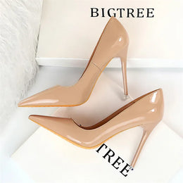 KissICON 9577-6 Nude 10.5cm / 39 / CHINA Fashion Simple Patent Leather Thin High Heel Women