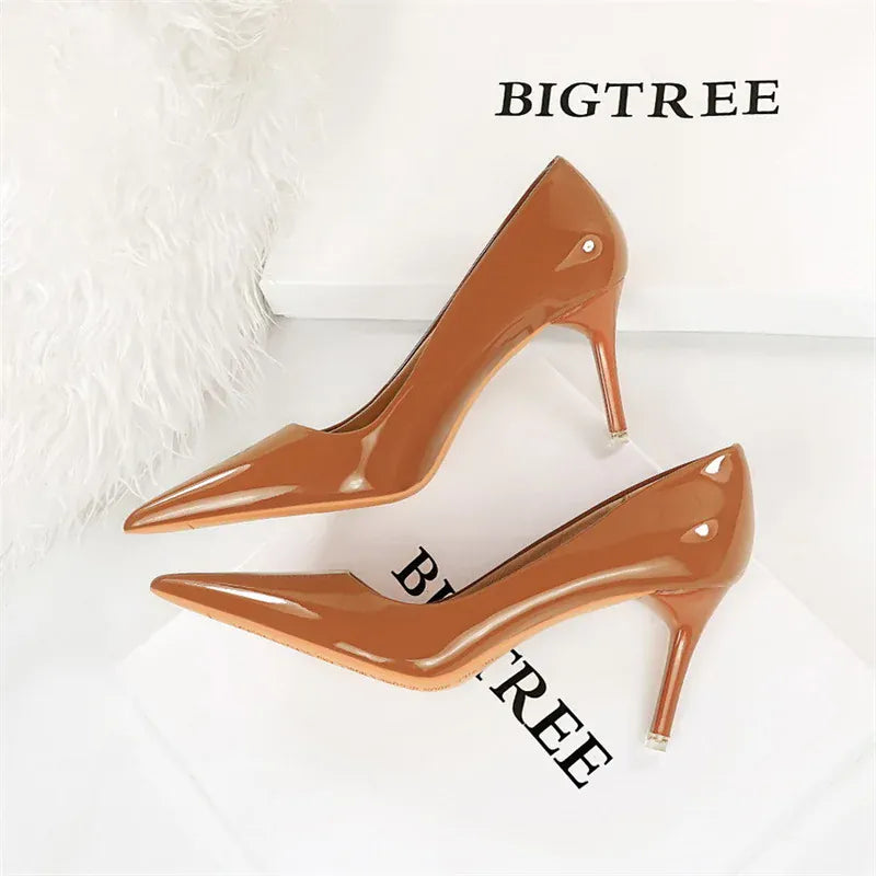 KissICON 9577-A6 Brown 7.5cm / 40 / CHINA Fashion Simple Patent Leather Thin High Heel Women