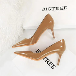 KissICON 9577-A6 Camel 7.5cm / 35 / CHINA Fashion Simple Patent Leather Thin High Heel Women