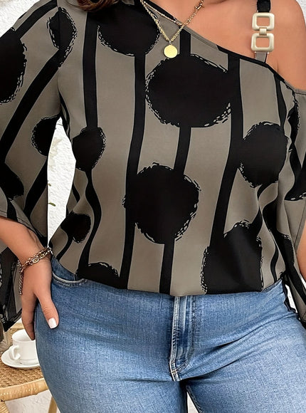 Plus Size 3/4 Sleeve Elegant Cold Shoulder Chain Graphic Print Blouse for Spring & Fall, Women's Clothing