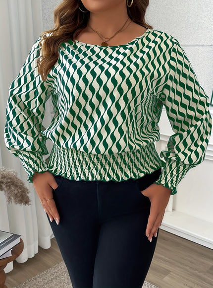 100% Polyester Elegant Plus Size Blouses for Women - Crew Neck Shirred Oversized Woven Print Shirt with Non-Stretch Fabric for All Seasons