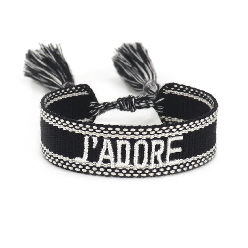 KissICON 97ja Rhinestone Embroidery Woven Bracelets Adjustable Rope Stackable Bangle For Women