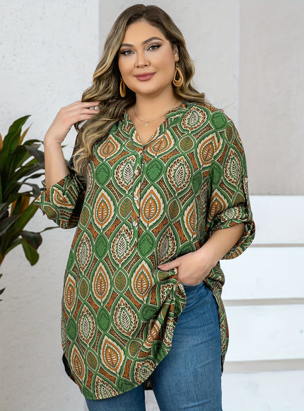Plus Size - Women'S Plus Size Tropical Print V-Neck Blouse - Elegant Loose Fit Long Shirt with Adjustable Three-Quarter Sleeves, Half Placket & Button Front, Comfortable Casual Top for Casual Attire, Casual Attire Blouse | Vn