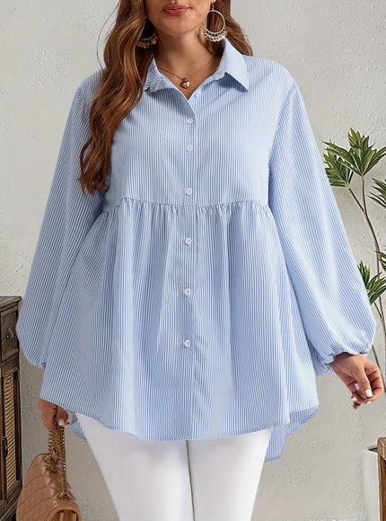 Plus Size, Women's Plus Size Oversized White & Green Horizontal Striped Button- Shirt Jacket-like Blouse - Short Sleeve-like Collar, Wrinkle-Resistant (Machine Washable) H-Line Fit for Year-Round Casual & Dressy Wear (No)