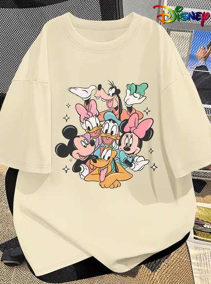 Disney Official Women's Summer New Arrival Oversized Fashionable Mickey Mouse & Friends Cartoon Print Casual Round Neck T-Shirt, Machine Washable Loose Fit Fun Design Comfort Fabric for Home and Outing Wear