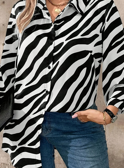Plus Size - Plus Size, Women'S Plus Size Elegant Blouse - Long Sleeve Button-Front Shirt in Black & White Zebra Stripe, Loose Fit Non-See-Through Office & Everyday Blouse for Women, All-Season Professional Casual Outfits, Ver
