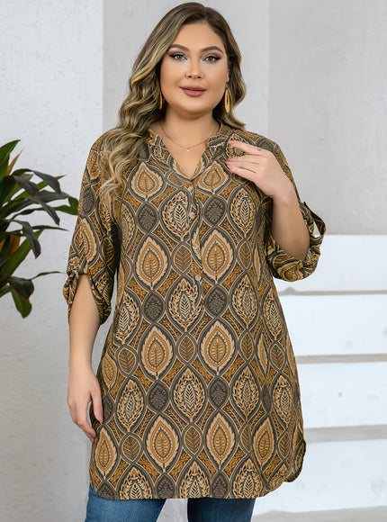Plus Size - Women'S Plus Size Tropical Print V-Neck Blouse - Elegant Loose Fit Long Shirt with Adjustable Three-Quarter Sleeves, Half Placket & Button Front, Comfortable Casual Top for Casual Attire, Casual Attire Blouse | Vn