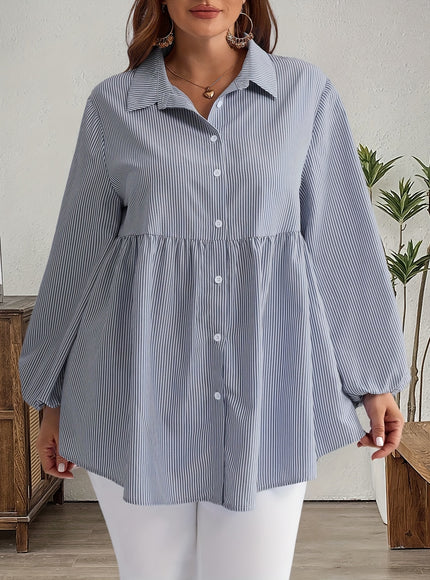 Plus Size, Women's Plus Size Oversized White & Green Horizontal Striped Button- Shirt Jacket-like Blouse - Short Sleeve-like Collar, Wrinkle-Resistant (Machine Washable) H-Line Fit for Year-Round Casual & Dressy Wear (No)