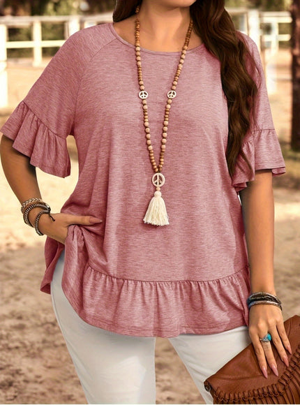 Plus Size, Women's Plus Size Bohemian Chic Short Sleeve T-Shirt - Ruffled Sleeve & Hem, Stretchy Round Neck Casual Top, Solid Blue Spring/Summer Machine Washable Elegant Resort Style Tee