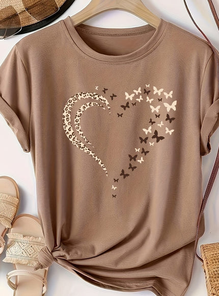 Plus Size Heart Print T-Shirt, Casual Crew Neck Short Sleeve T-Shirt, Women's Plus Size Clothing